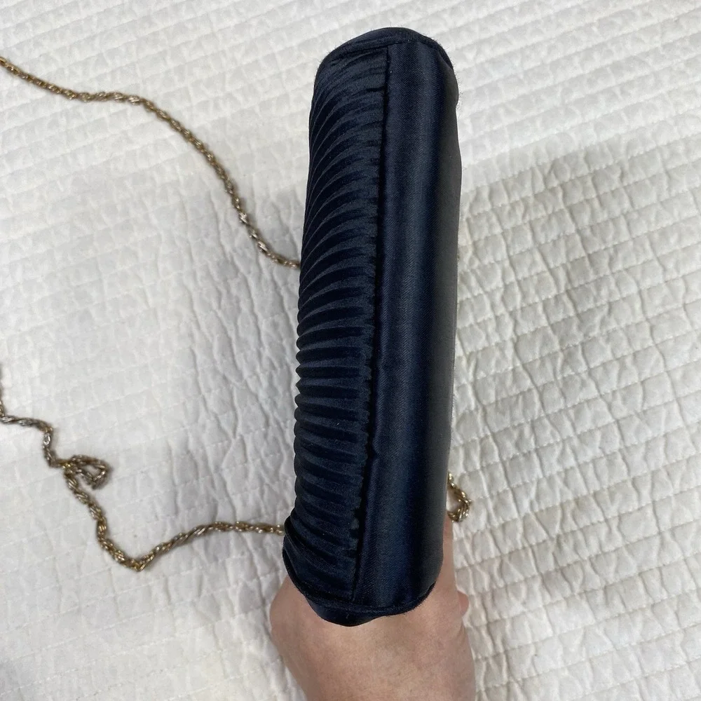 Womens Black Shoulder Chain Strap Pleated Mini Clutch Purse Party Wedding Guest